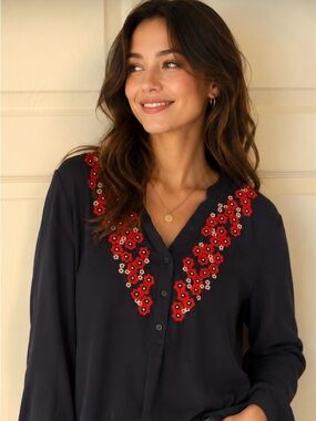 Dark Navy V-Neck Blouse with Red Floral Embroidery